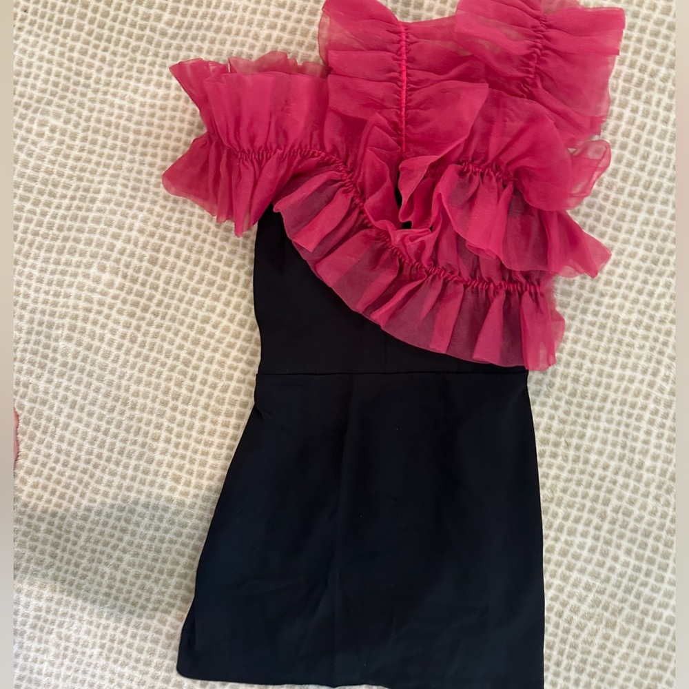 Amanda Uprichard Pink and Black Ruffled Asymmetrical Mini Dress